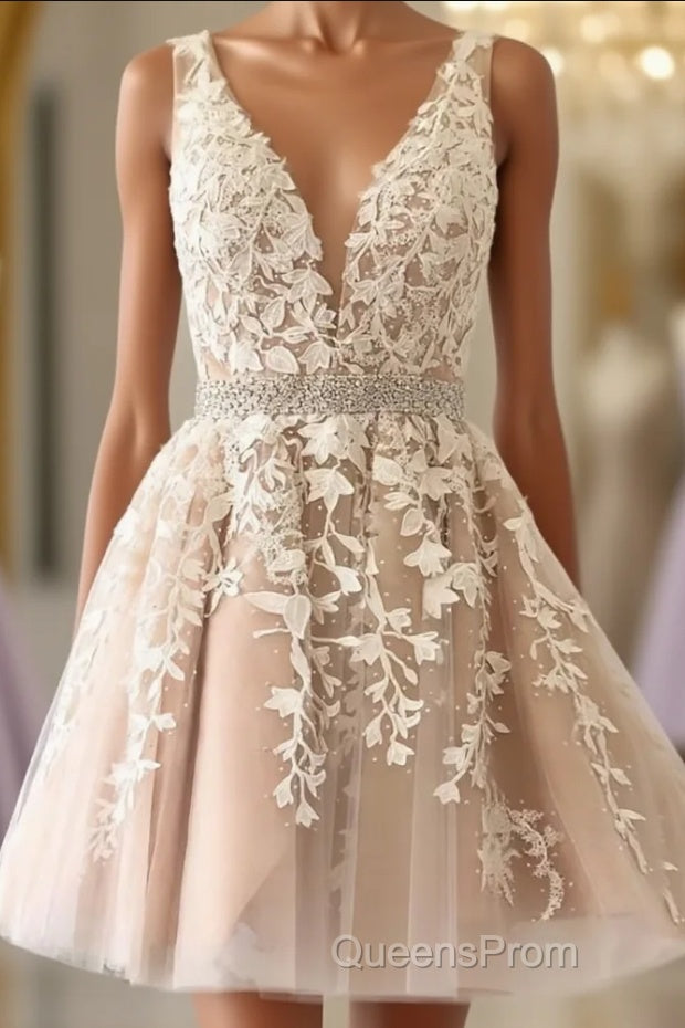 A Line V Neck Short Champagne Lace Wedding Dress, Short Champagne Lace Formal Evening Prom Dress Main image