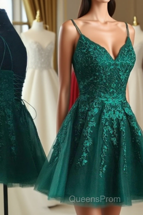 A Line V Neck Short Dark Green Lace Evening Prom Dress, Dark Green Lace Formal Homecoming Dress Main image