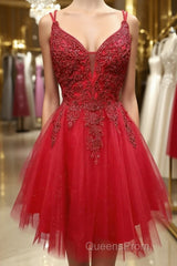 A Line V Neck Short Dark Red Lace Evening Prom Dress, Short Dark Red Lace Formal Homecoming Dress