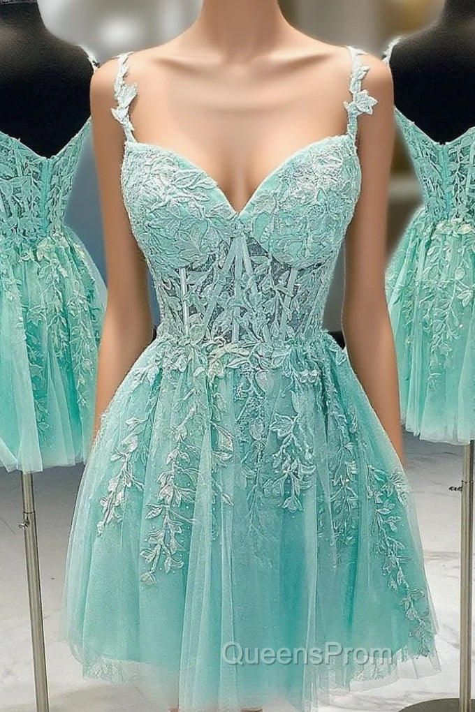 A Line V Neck Short Green Lace Evening Prom Dress, Short Green Lace Evening Homecoming Dress Main image
