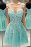 A Line V Neck Short Green Lace Evening Prom Dress, Short Green Lace Evening Homecoming Dress