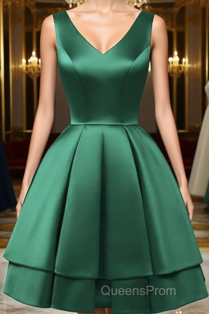 A Line V Neck Short Green Satin Evening Prom Dress, Short Green Satin Homecoming Graduation Dress Main image