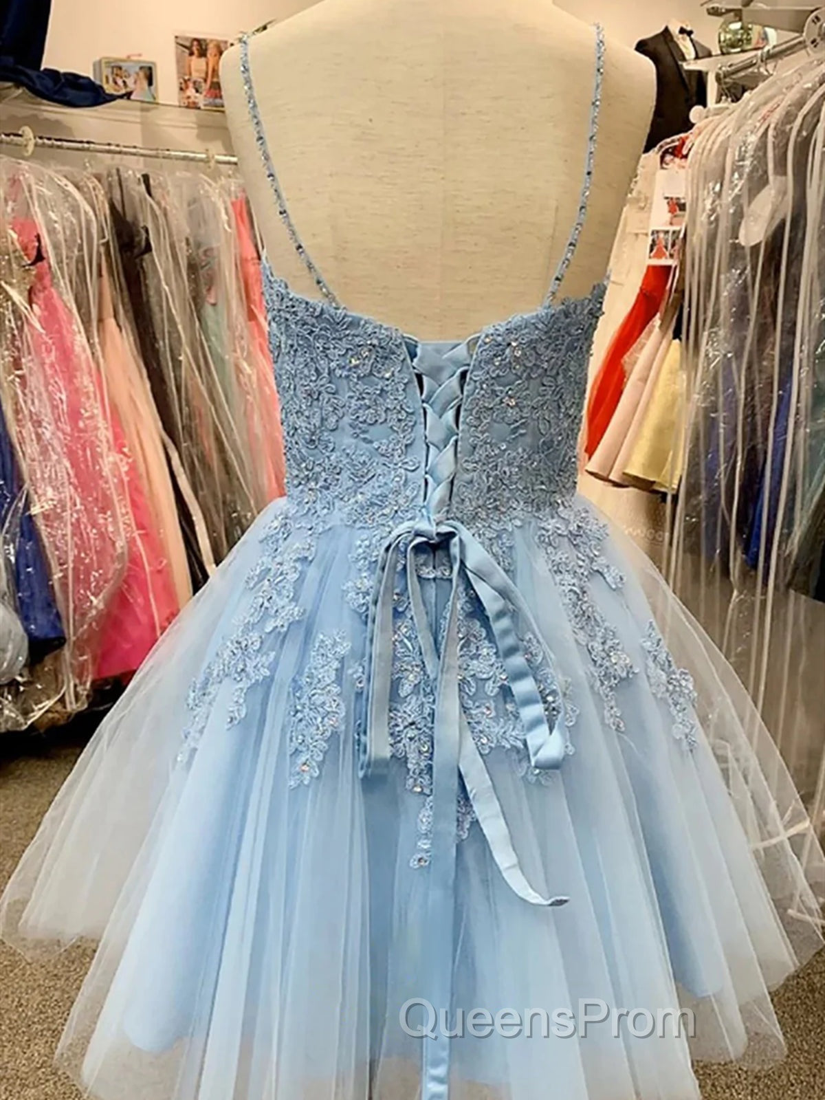 A Line V Neck Short Light Blue Lace Evening Prom Dress, Short Light Blue Lace Homecoming Dress Secondary image