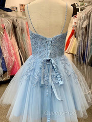 A Line V Neck Short Light Blue Lace Evening Prom Dress, Short Light Blue Lace Homecoming Dress