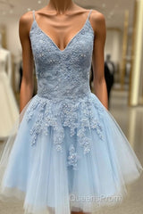 A Line V Neck Short Light Blue Lace Evening Prom Dress, Short Light Blue Lace Homecoming Dress
