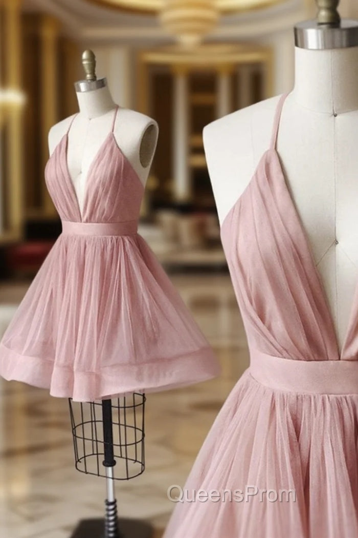 A Line V Neck Short Pink Evening Prom Dress, Short Pink V Neck Graduation Homecoming Dress Main image