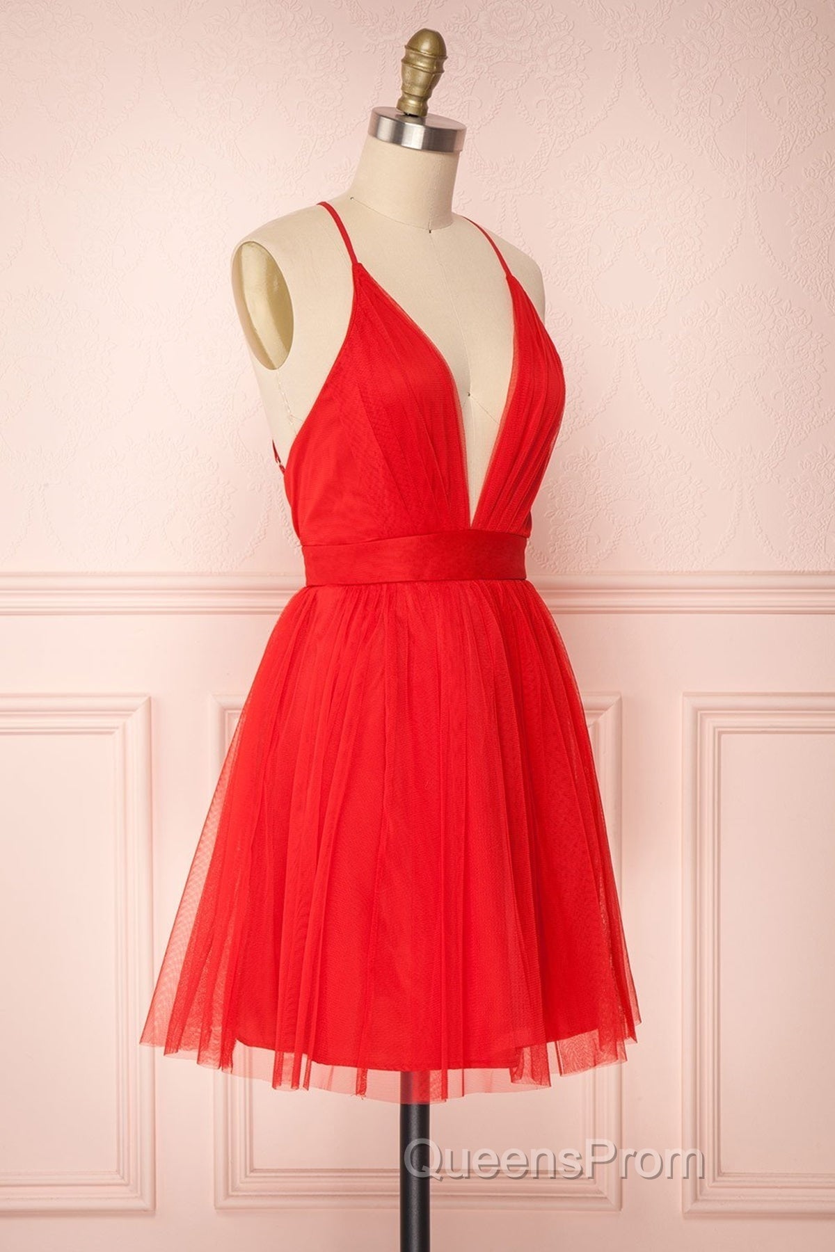 A Line V Neck Short Red/Burgundy Tulle Evening Prom Dress, Short Red/Burgundy Graduation Homecoming Dress Secondary image