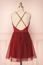 A Line V Neck Short Red/Burgundy Tulle Evening Prom Dress, Short Red/Burgundy Graduation Homecoming Dress