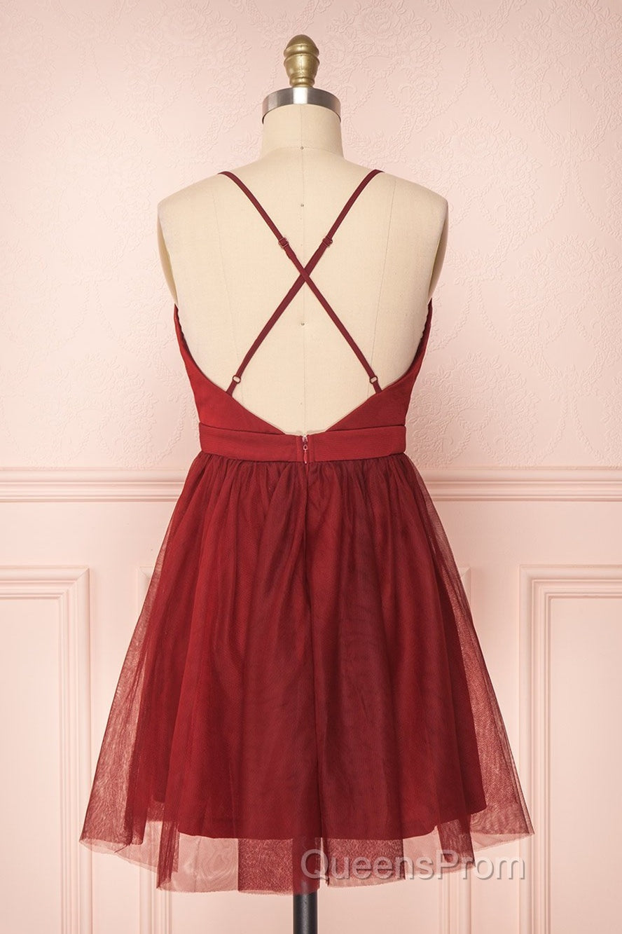 A Line V Neck Short Red/Burgundy Tulle Evening Prom Dress, Short Red/Burgundy Graduation Homecoming Dress