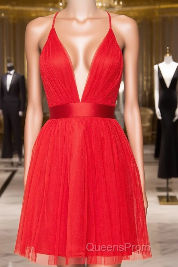 A Line V Neck Short Red/Burgundy Tulle Evening Prom Dress, Short Red/Burgundy Graduation Homecoming Dress Main image