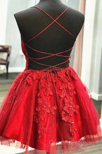 A Line V Neck Short Red Lace Evening Prom Dress, Short Red Lace Formal Homecoming Dress