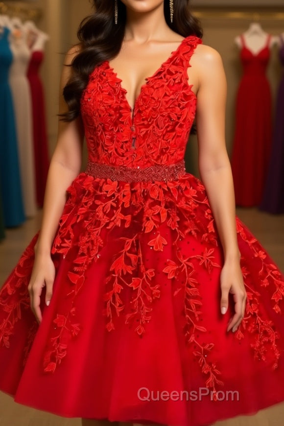A Line V Neck Short Red Lace Evening Prom Dress, Short Red Lace Formal Homecoming Dress