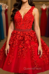 A Line V Neck Short Red Lace Evening Prom Dress, Short Red Lace Formal Homecoming Dress