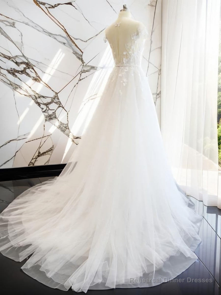 A-line V-neck Short Sleeves Hand-Made Flower Court Train Tulle Wedding Dress Main image