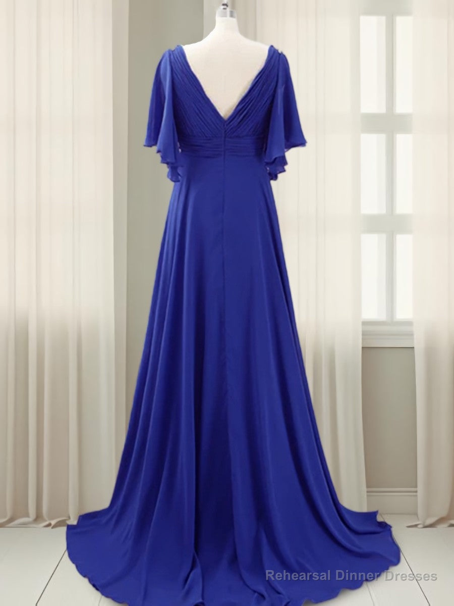 A-line V-neck Short Sleeves Pleated Sweep Train Chiffon Mother of the Bride Dress Secondary image