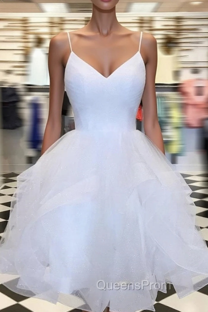 A Line V Neck Short White Evening Prom Dress, Short White Lace Evening Homecoming Dress Main image