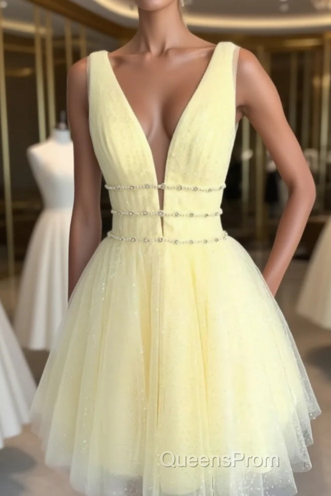 A Line V Neck Short Yellow Evening Prom Dress, Short V Neck Yellow Formal Homecoming Dress Main image
