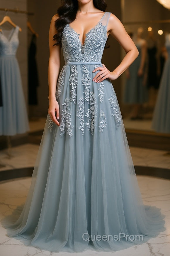 A Line V Neck Silver Gray Lace Evening Prom Dress, Grey Lace Formal Evening Dress Main image