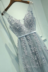 A Line V Neck Silver Gray Lace Evening Prom Dress, Grey Lace Formal Evening Dress