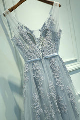 A Line V Neck Silver Gray Lace Evening Prom Dress, Grey Lace Formal Evening Dress