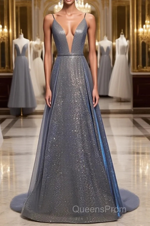 A Line V Neck Silver Gray Long Evening Prom Dress, Gray Long Formal Evening Dress Main image