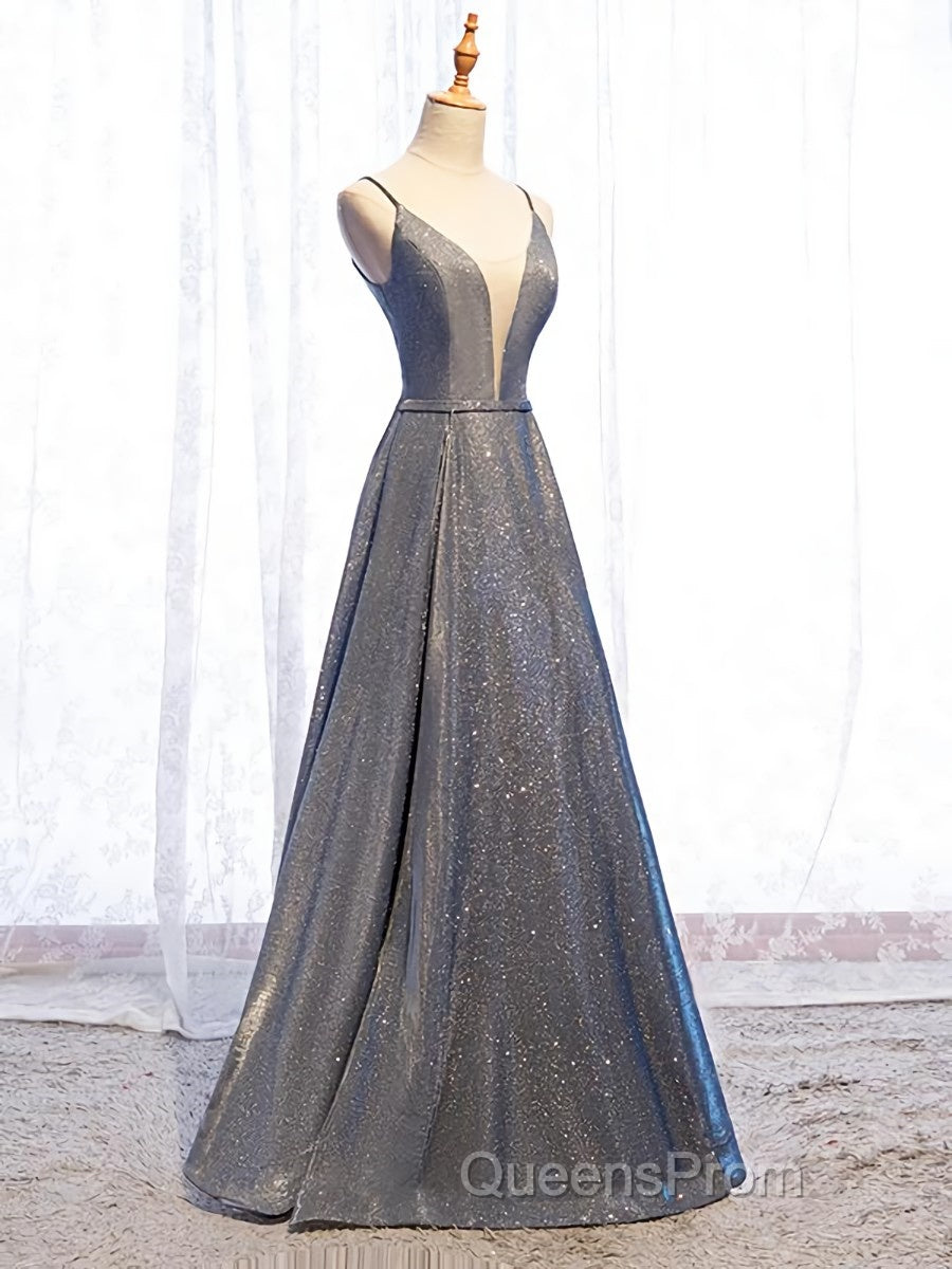 A Line V Neck Silver Gray Long Evening Prom Dress, Gray Long Formal Evening Dress Secondary image