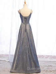 A Line V Neck Silver Gray Long Evening Prom Dress, Gray Long Formal Evening Dress