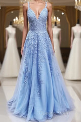 A Line V Neck Sky Blue Lace Evening Prom Dress, Light Blue Lace Formal Evening Dress
