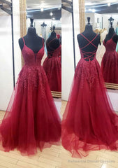 A-line V Neck Sleeveless Chapel Train Tulle Prom Dresses With Appliqued Lace