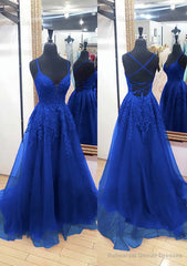 A-line V Neck Sleeveless Chapel Train Tulle Prom Dresses With Appliqued Lace