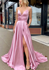 A-line V Neck Sleeveless Charmeuse Sweep Train Prom Dresses With Pockets