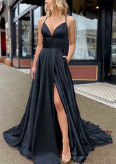 A-line V Neck Sleeveless Charmeuse Sweep Train Prom Dresses With Pockets