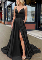 A-line V Neck Sleeveless Charmeuse Sweep Train Prom Dresses With Pockets