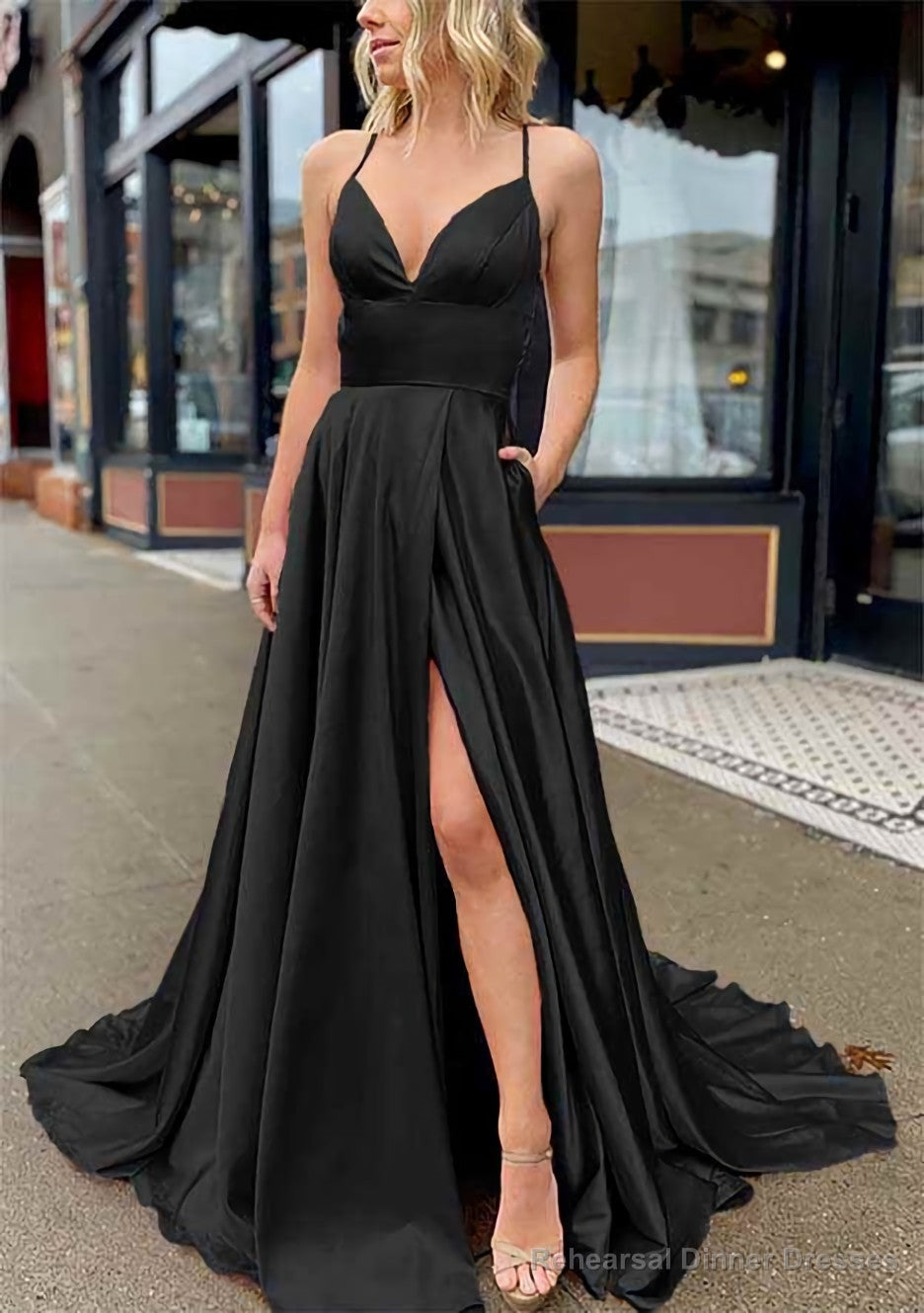 A-line V Neck Sleeveless Charmeuse Sweep Train Prom Dresses With Pockets