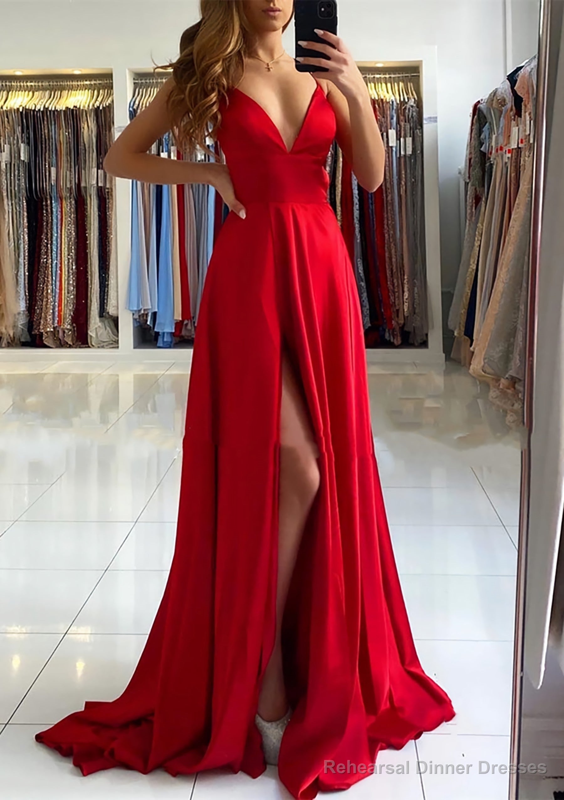 A-line V Neck Sleeveless Charmeuse Sweep Train Prom Dresses With Split Main image