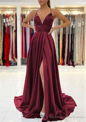 A-line V Neck Sleeveless Charmeuse Sweep Train Prom Dresses With Split