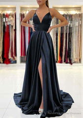 A-line V Neck Sleeveless Charmeuse Sweep Train Prom Dresses With Split