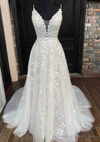 A-line V Neck Sleeveless Lace Court Train Prom Dresses With Pleated