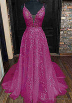 A-line V Neck Sleeveless Lace Court Train Prom Dresses With Pleated