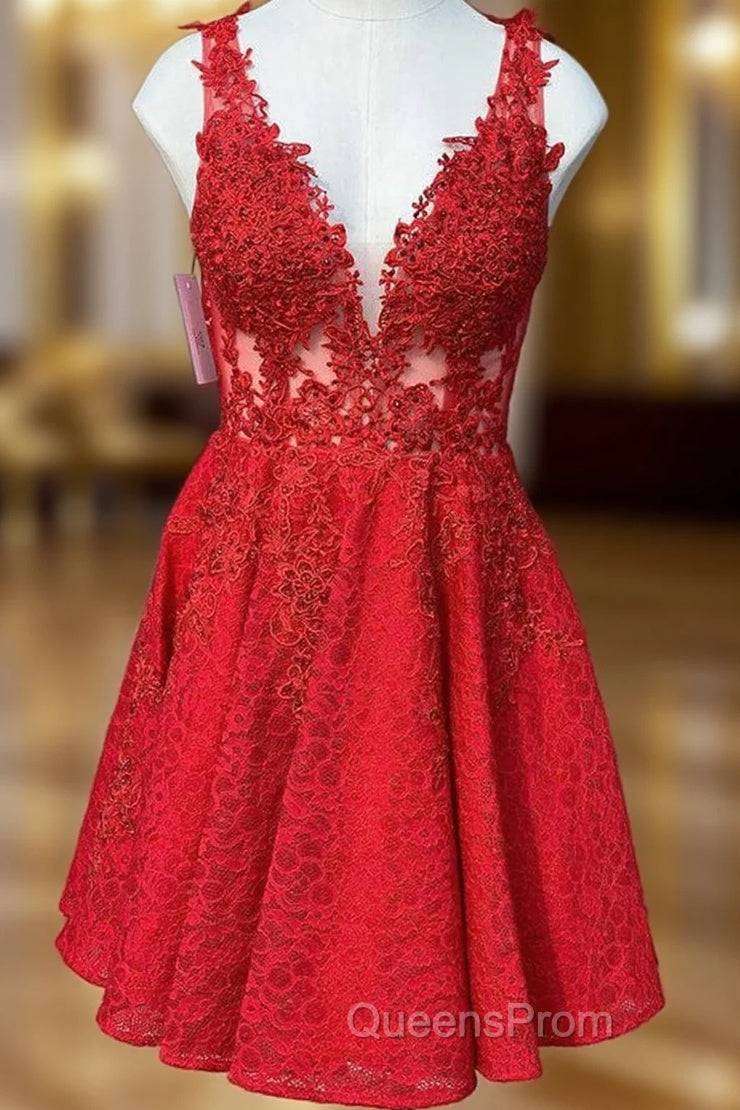 A-line V Neck Sleeveless Lace Short/Mini Homecoming Dress With Beading