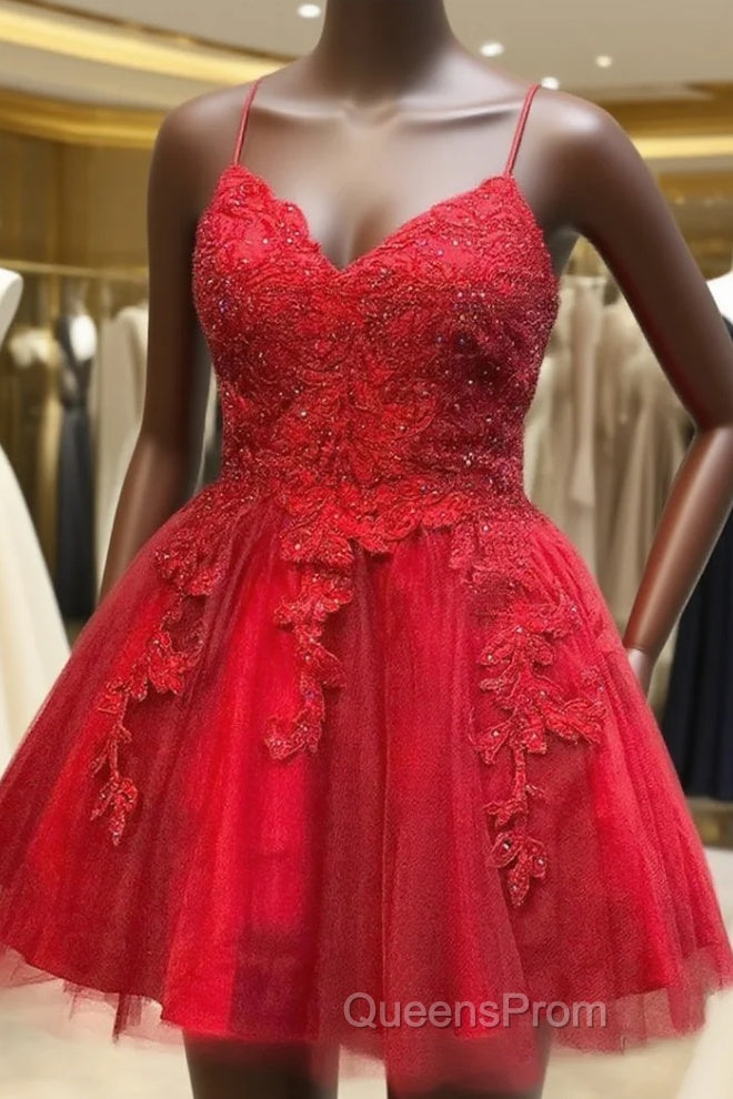 A-line V Neck Sleeveless Lace Tulle Short Mini Homecoming Dress, Beading Main image