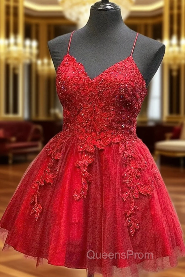 A-line V Neck Sleeveless Lace Tulle Short/Mini Homecoming Dress With Beading Main image
