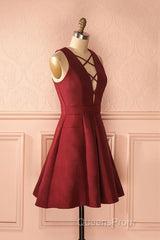 A-Line V-Neck Sleeveless Lace-Up Short Burgundy Satin Homecoming Dress