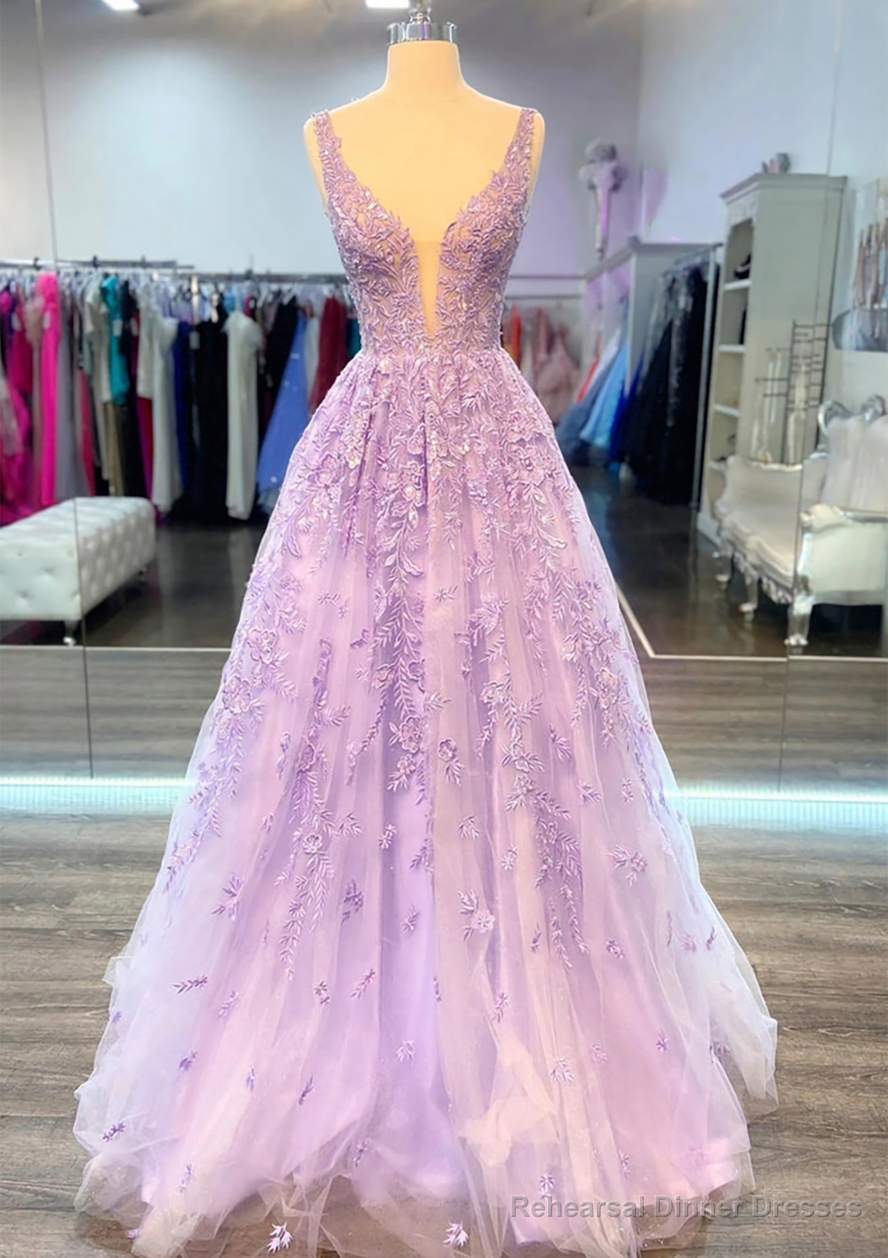 A-line V Neck Sleeveless Long/Floor-Length Lace Prom Dresses With Beading Main image