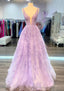 A-line V Neck Sleeveless Long/Floor-Length Lace Prom Dresses With Beading