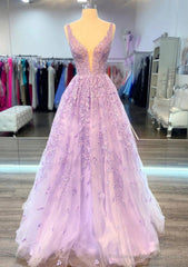 A-line V Neck Sleeveless Long/Floor-Length Lace Prom Dresses With Beading