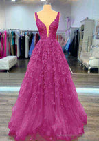 A-line V Neck Sleeveless Long/Floor-Length Lace Prom Dresses With Beading