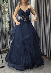 A-line V Neck Sleeveless Long/Floor-Length Tulle Charmeuse Prom Dresses With Appliqued Lace