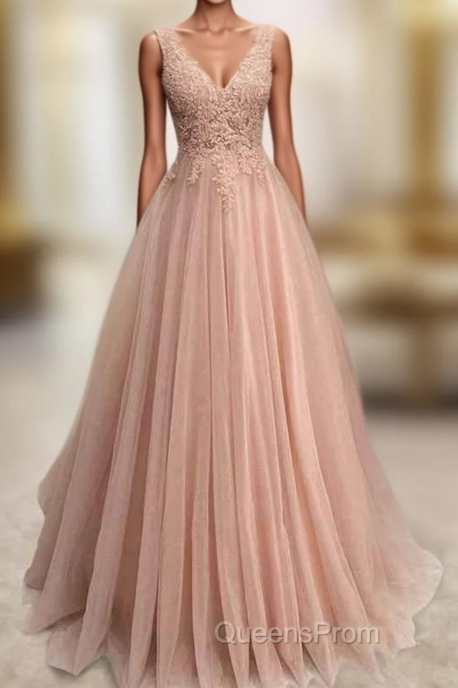 A-line V Neck Sleeveless Long/Floor-Length Tulle Glitter Evening Prom Dress With Appliqued Beading
