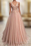 A-line V Neck Sleeveless Long/Floor-Length Tulle Glitter Evening Prom Dress With Appliqued Beading